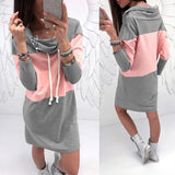 2020 Spring Autumn Casual Loose Turtleneck Color Matching Patchwork Women's Long Sleeve Dress New Gray Pink Ladies