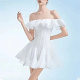 Lotus Leaf-Side Phong Dress Women's New Summer Summer New Fashion Temperament Sweet Wind Shoulder Solid Color Short