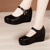Spring And Autumn Middle Heel Slope Single Shoes Women's Muffin Thick Bottom Waterproof Platform One Word Buckle Shallow Mouth Flat Sole High Heel Mother's