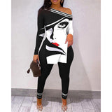 Women Sexy Daily Wear Figure Print Split Hem Long Sleeve Top & Pants Set Autumn Bodycon Party Suit Two Pieces