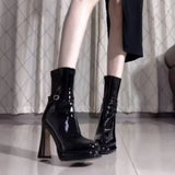 Cool Hottie Black Patent Leather Side Zipper Boots 2025 New Thin Head Buckle Sexy High Heel