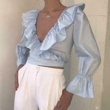 Lady Fashion Ruffled V-Neck Crop Top Long Puff Sleeve Blouse Woman Casual Shirt Tops Autumn Clothes Female Plus Size