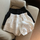 High Waist White Jacquard Shorts Women Loose Black Shorts Summer Streetwear Pockets Wide Leg Shorts For