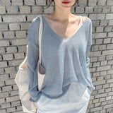 2021 Spring Summer Autumn Thin Sexy Women Tops Blouse V-neck Pullover Tops Solid Korean Loose Sunscreen New Lady