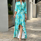 Women V Neck High Waist Irregular Ruffle Dress Spring Long Sleeve Boho Loose Beach Dress Chic Printed Party Banquet