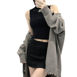 Design Feels Gray V-Collar Destroys Knitting Lazy Sweater Coat Women's Leisure Medium-Length Spring And Autumn Cardigan