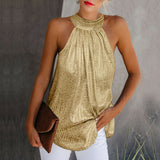 Gold Blouse 2020 New Fashion High Neck Sleeveless Hatler Tank Top Vest Summer Casual Loose Blouse Shirt