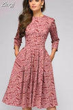 pleated tunic print dress women Elegant ladies A line dresses Long sleeve female autumn mixi party dress