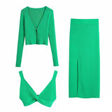 Green Knitted Ribbed 3 Pieces Women Sets Y2K Summer Holiday Single Button Loose Coat Sexy Underwear Bra High Waist