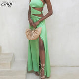 Satin Hollow Out High Slit Women Dress Green Sexy Backless Spaghetti Strap Dress Summer Slim Fashion Party Clubwear