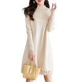 And Winter Knitted Dress Women's Casual Lace Sweater Skirt Medium-Length Semi-High Collar Bottom Sweater