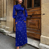 Zingj Women's 2023 New Print Round Collar Long-Sleeved Dress Autumn Fashion Waist Pendant Satin Dress-Outfit