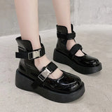 Shoes Buckle Ankle Strap Platform Shoe Women Patent Leather Thick Sole Punk Hollow Outs Retro Motorcycle boot