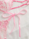 Ribbon Tie Up Embroidery Flower Half Cup Lingerie Set- Outfit