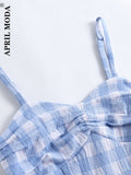 Summer Holiday Women Party Dress Blue Plaid Printed Spaghetti Strap Sundress A Line Swing Rockabilly Retro Vintage