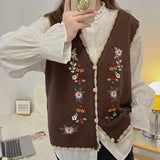 Zingj 2024 New Age Reduction Fold Wear Sleeveless Vest Top Korean V-Neck Embroidered Flower Knit Vest Women-Outfit