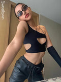 Hollow Out Sexy Irregular Woman Tshirts With One Arm Gloves Slim Black Crop Tops For Women Summer Rave Club