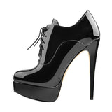 Onlymaker Women's Black Red Platform Ankle Boots High Heels Lace Up Patent leather Stiletto Sexy Lady Fashion Sexy