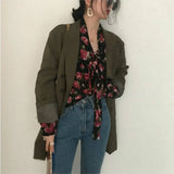 Women Retro Floral Chic Chiffon Spring Fall Fashion Korean Ladies Blusas Mujer Lace-up Design Soft Female Shirts Top