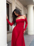 Off-Shoulder Long Sleeve Flare Maxi Dress- Outfit