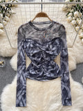 Europe Long sleeved Mesh Sheer T-shirt Fashion Skinny Temperament Office Lady Blouse O Neck Pleated Tie Dye Print