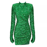 Hot Green Velvet Velvet Sleeve Small High-Neck Dress Fashion Party Show