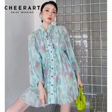 Tie Dye Green Puff Sleeve Pleated Button Up Dress Korean Fashion Tie Neck Mini Ladies Dress Autumn Clothes Women