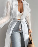 Polo Collar Color Loose Thin Lantern Sleeve Cardigan Mid-length Shirt