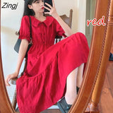 Puff Sleeve Dress Women Peter Pan Collar Calf-length Elegant Solid Pleated Korean Sweet Girls Female Stylish Purple