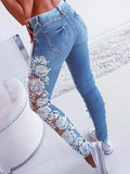Size 3XL Lace Floral Crochet Hollow-Out Jeans Autumn Women Elegant Sexy Denim Pencil Skinny