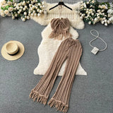 Zingj Seaside Vacation Set Women's Summer Knit Tassel Hanging Neck Top High-Waisted Hollowed-Out Trousers Two-Piece