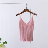 Sexy Knitted Crop Top Crop Sleeveless Cropped Vest Slim Sling Knitted Tank Top V-neck Plain Camisole High Elastic