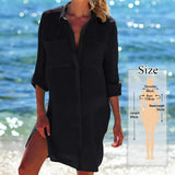 New Spring Summer Autumn Women Blouse V-Neck Long Sleeve Pocket Solid Shirts Women Casual White Blouse For Beach Tops