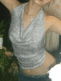 Metallic Silver Halter Cropped Tank Top- Outfit