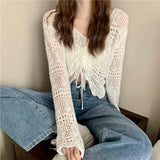 Zingj Out Thin Jacket Summer 2024 New Draw Rope V Collar Short Money Wearing Sunscreen Shirt Sweet Spicy Short Sleeve Knit Women-Outfit