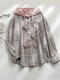 Autumn Plaid Shirt Women Hooded Button Up Shirt Female Ladies Loose Checkered Shirt For Women