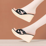 Slope Heel Slippers Women Summer 2024 Muffin Thick Soles Wear One-Word Flip-Flops Large Size Slippers Wear Fashionable Lacquered Leather