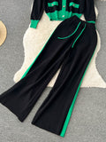 Fashion Contrast Color Patchwork Women Knit Sweater Pants Sets V-neck Knit Cardigan Top + Wide Leg Pants Two Piece