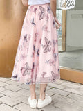 Skirt Women Vintage Embroidery Elastic High Waist A-Line Mesh Pleated Skirt Female Midi