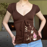 Vintage Small Flower Embroidery Collage V-Neck Slimming Design T-Shirt With Thin