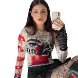Spring 2024 New Round Collar Collar Long-Sleeved Mesh Printing Umbilical Casual Women's