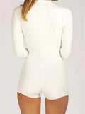 Women Ribbed Short Jumpsuits Solid Color V Neck Casual Slim Buttons Long Sleeve Playsuit Fashion Club Streetwear