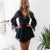 White Lace Dress Elegant Hollow Out V Neck Cross Lace Up Mini Sexy Dress Casual Short A-Line Dress Vintage