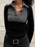 Stripe Splice Polo Neck Long Sleeve Blouse-Outfit