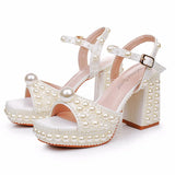 Cm Thick Heel Fish Mouth Waterproof Table Sandals Round Head Square Thick Heel Sandals White Pearl Wedding