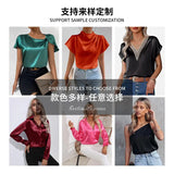 Satin Shirt Satin Imitation Silk Long-Sleeved Pure Color Elegant Button Front Lapel