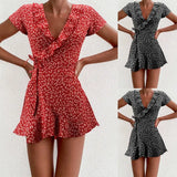 Women’s Floal A-Line Dress Sweet Elegant Floral Ruffles V-neck Bandage Short Dress for Lady Chic Flowers Mini