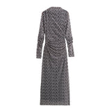 Women's Clothing 2025 Spring New Printing Mesh Collar Long Sleeve Folded Long
