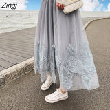 Skirt Women High Waist Lace Mesh Long Skirt Female Spring Vintage Korean Black Beige A-line Pleated Midi Skirt Faldas