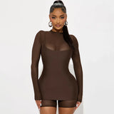 Women's Clothing Autumn 2025 New Solid Color Long-Sleeved Mesh Splicing Trousers Sling Dress
